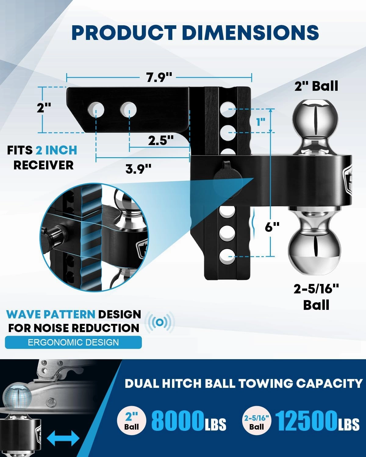 Kohree 6" Adjustable Trailer Hitch Fit 2 Inch Receiver, Dual Solid Ball 2" and 2-5/16"(12,500 LBS GTW), Drop & Rise Heavy Duty Aluminum Tow Hitch with 4 Silencer Pads & 2 Locking Hitch Pin, Black