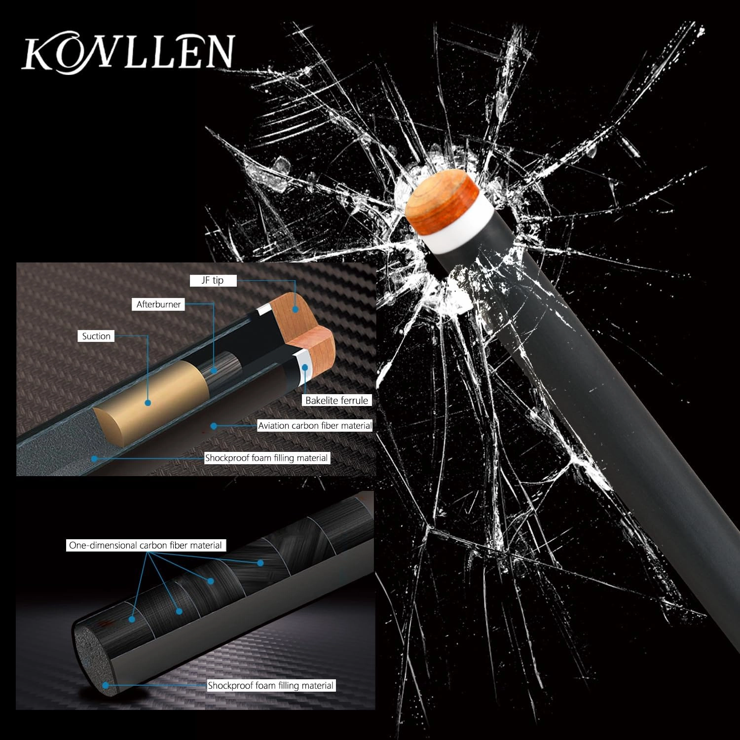 KONLLEN Carbon Fiber Pool Cue Stick Low Deflection Hand-Made Inlay Billiard Cue Ultra-Smooth Professional Feeling Billiard Pool Cue Sticks for Adults