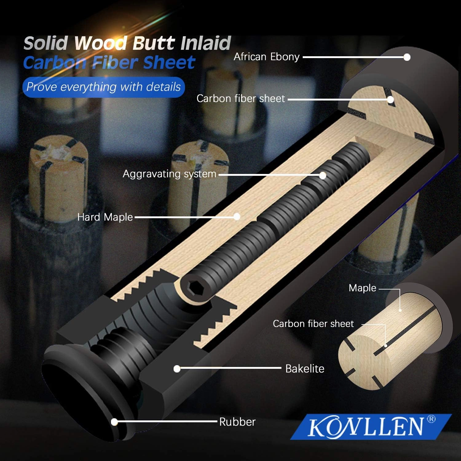 KONLLEN Carbon Fiber Pool Cue Stick Low Deflection Hand-Made Inlay Billiard Cue Ultra-Smooth Professional Feeling Billiard Pool Cue Sticks for Adults