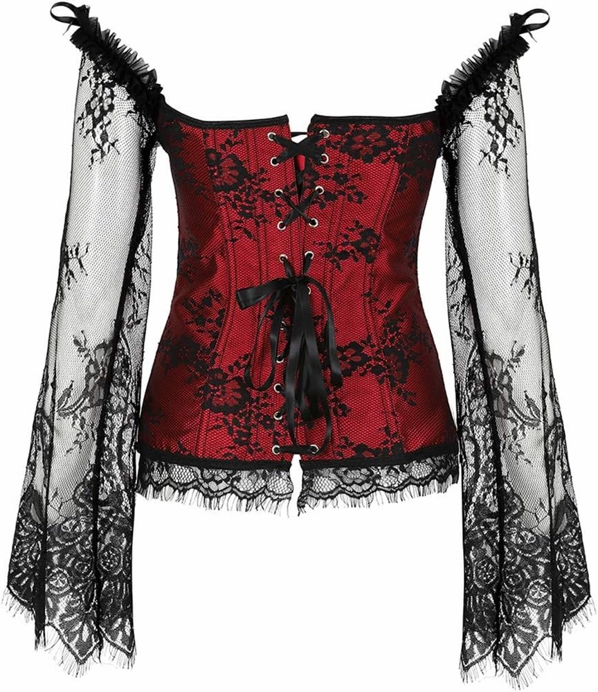 Kranchungel Corsets for Women Victorian Off Shoulder Overbust Corset Lace Long Sleeves Bustier