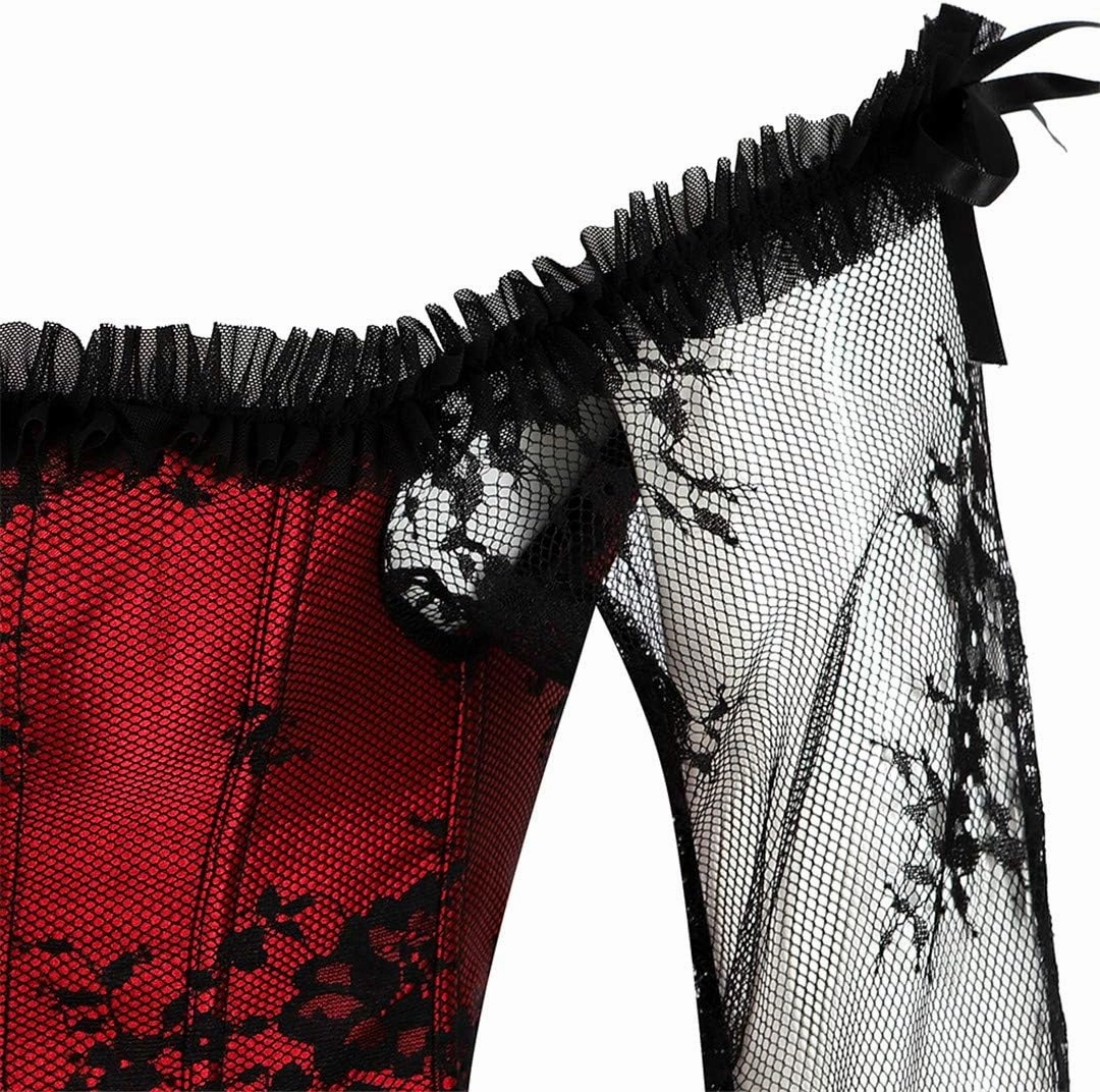 Kranchungel Corsets for Women Victorian Off Shoulder Overbust Corset Lace Long Sleeves Bustier