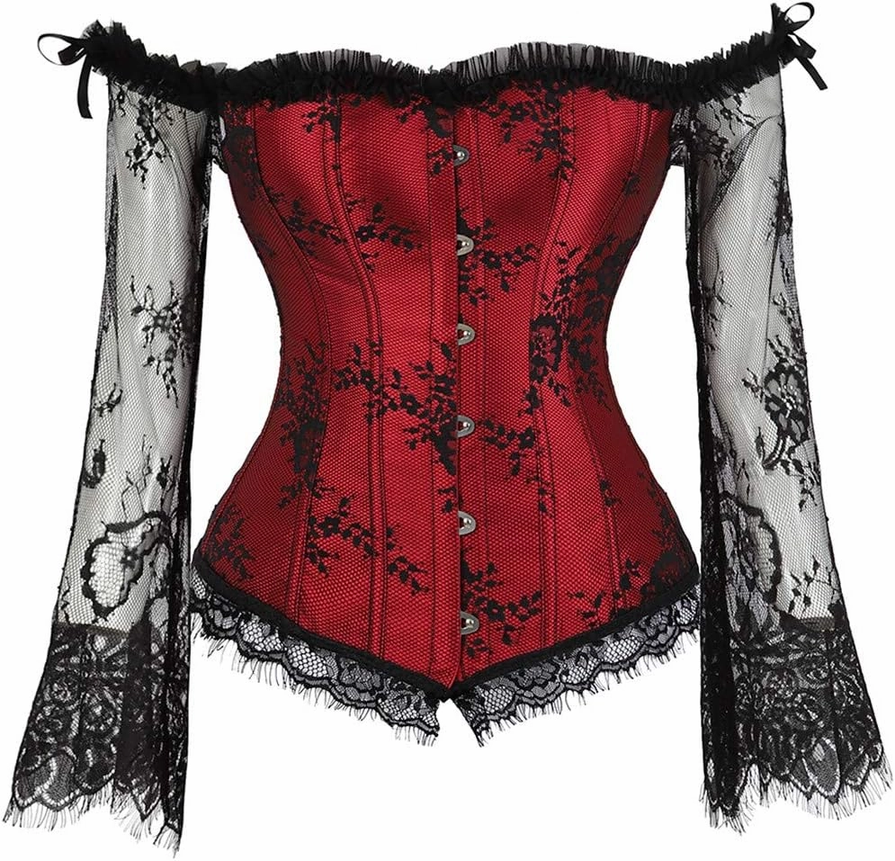 Kranchungel Corsets for Women Victorian Off Shoulder Overbust Corset Lace Long Sleeves Bustier