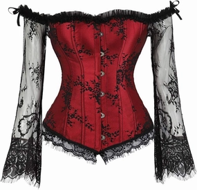 Kranchungel Corsets for Women Victorian Off Shoulder Overbust Corset Lace Long Sleeves Bustier