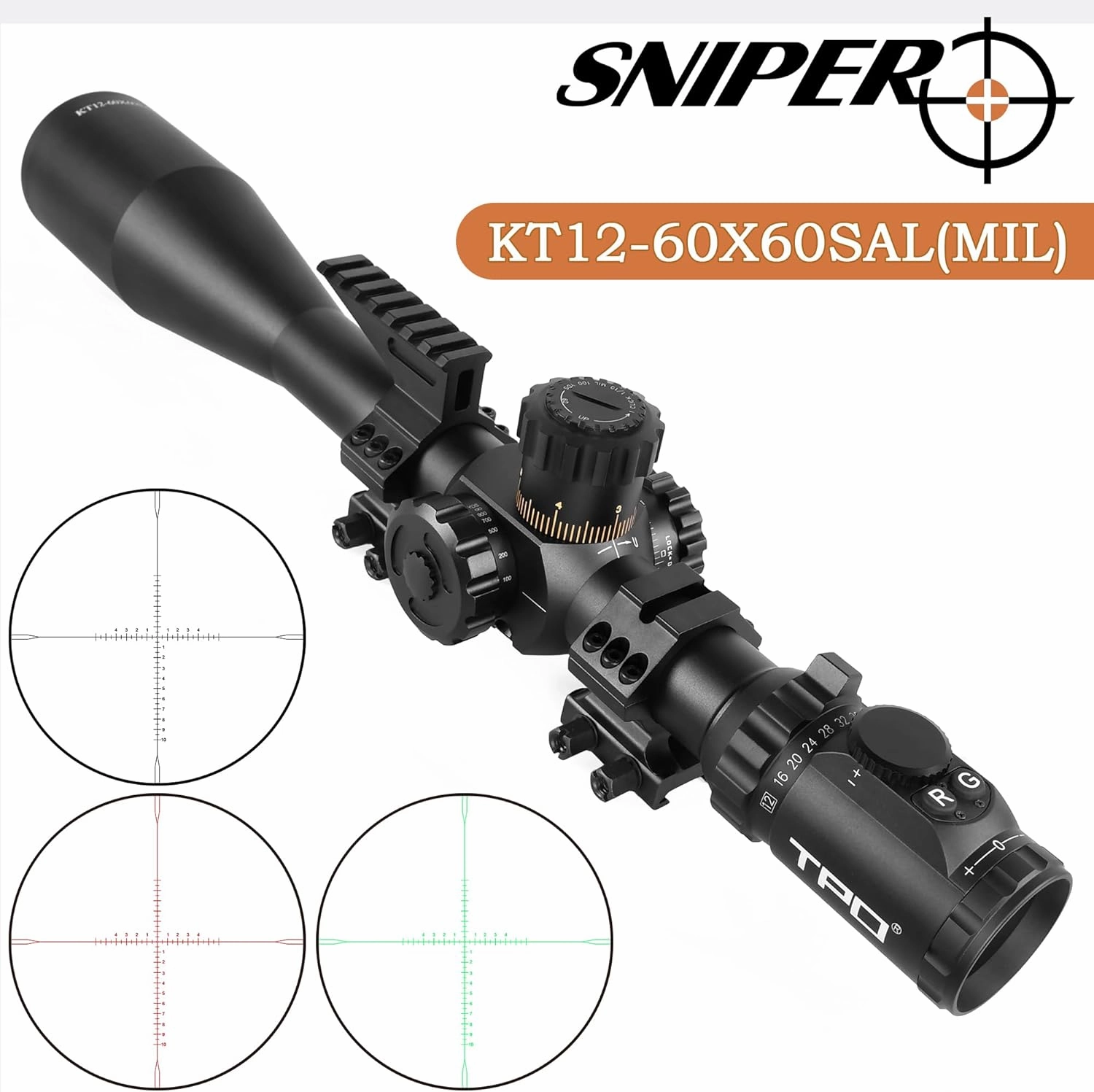 KT12-60X60SAL Long Range Rifle Scope 35mm Tube Side Parallax Adjustment with Scope Rings