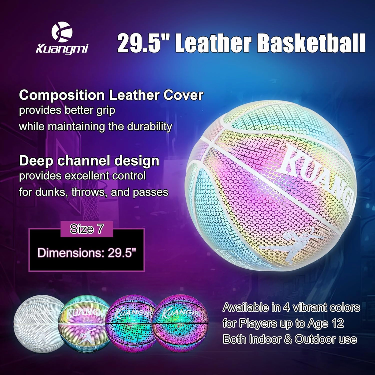 Kuangmi Reflective Glowing Basketball Holographic Luminous for Night Game Light Up Basket Ball Men's Official Size 7 29.5"