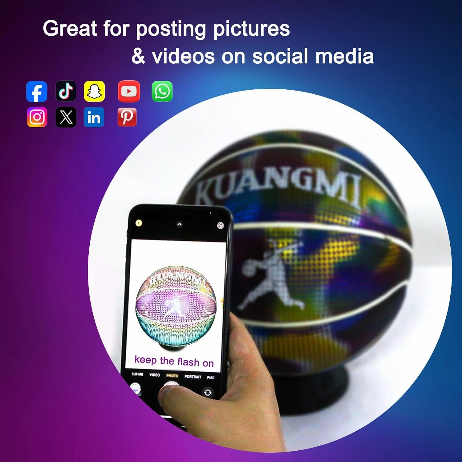 Kuangmi Reflective Glowing Basketball Holographic Luminous for Night Game Light Up Basket Ball Men's Official Size 7 29.5"