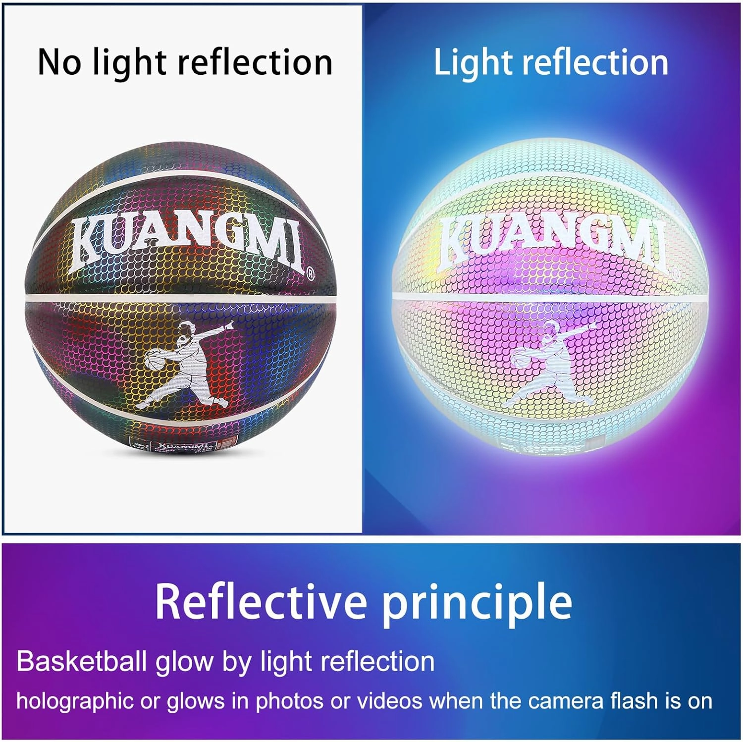 Kuangmi Reflective Glowing Basketball Holographic Luminous for Night Game Light Up Basket Ball Men's Official Size 7 29.5"