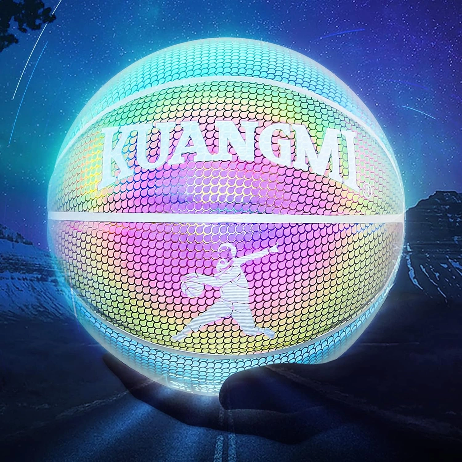 Kuangmi Reflective Glowing Basketball Holographic Luminous for Night Game Light Up Basket Ball Men's Official Size 7 29.5"