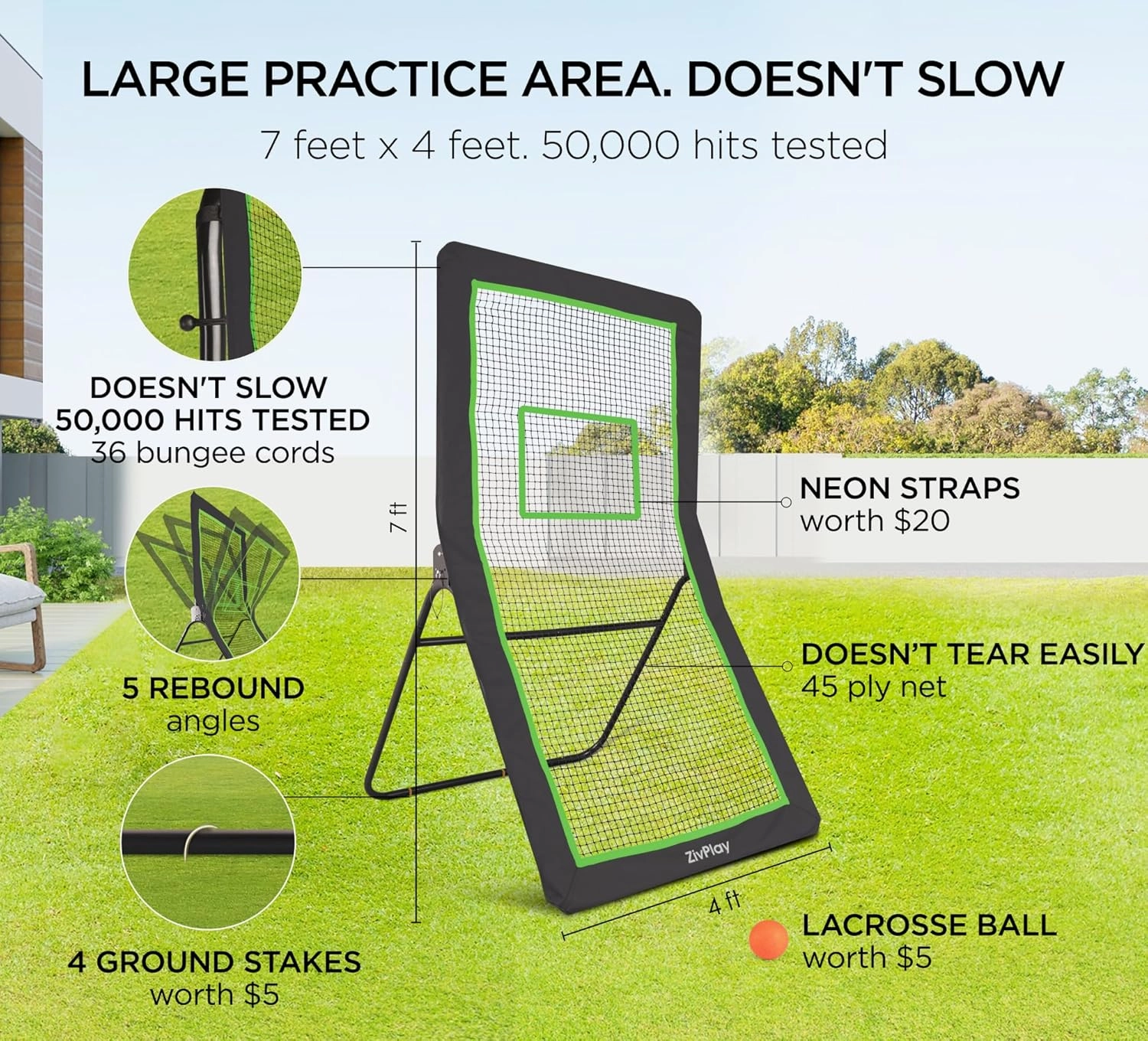 Lacrosse Rebounder for Backyard Lacrosse Bounce Back Net Volleyball Rebounder Net for Lax and Volleyball Practice Five Rebound Angles Includes Ball