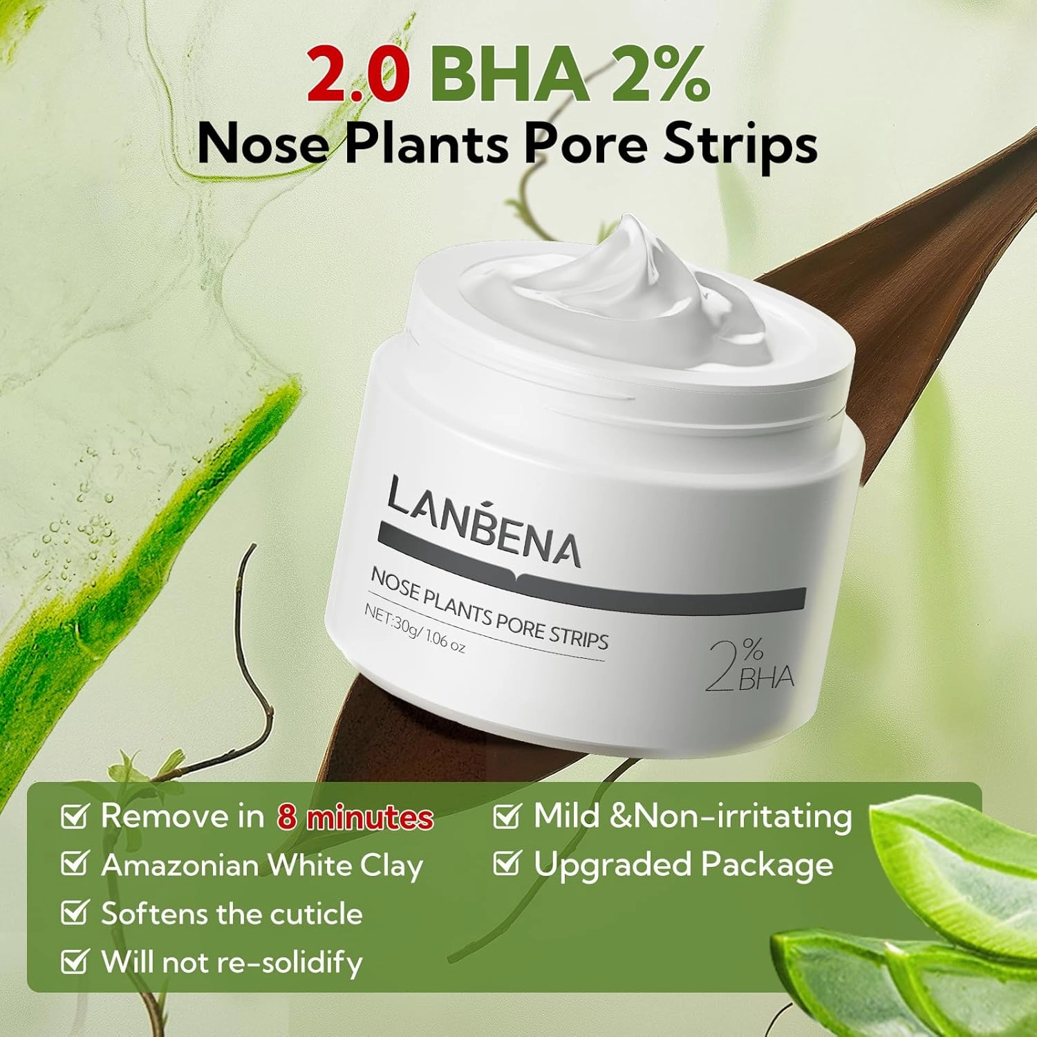 LANBENA 2-Pack Pore Strips: 2% Salicylic Acid BHA Nose Strips   Bamboo Charcoal Blackhead Peel-Off Mask | Deep Cleansing, Purifying Pore Treatment for Blackhead & Oil Removal, Plant-Based Skincare Duo