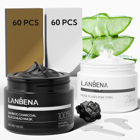 LANBENA 2-Pack Pore Strips: 2% Salicylic Acid BHA Nose Strips   Bamboo Charcoal Blackhead Peel-Off Mask | Deep Cleansing, Purifying Pore Treatment for Blackhead & Oil Removal, Plant-Based Skincare Duo