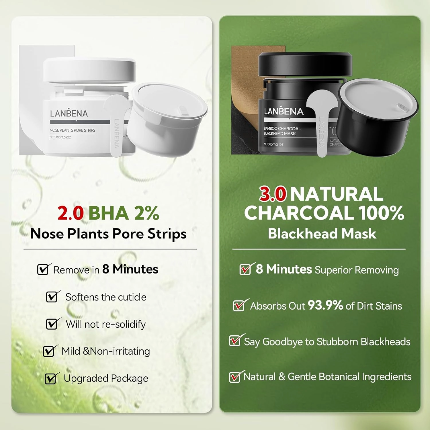 LANBENA 2-Pack Pore Strips: 2% Salicylic Acid BHA Nose Strips   Bamboo Charcoal Blackhead Peel-Off Mask | Deep Cleansing, Purifying Pore Treatment for Blackhead & Oil Removal, Plant-Based Skincare Duo