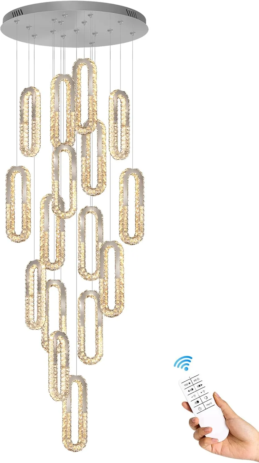 Large Staircase Crystal Chandeliers 16-Light Modern foyers Entrance 150" Long Chandeliers for High Ceilings Dimmable 2700K-6000K Stainless Steel Mirror Silver