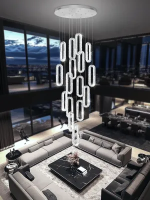 Large Staircase Crystal Chandeliers 16-Light Modern foyers Entrance 150" Long Chandeliers for High Ceilings Dimmable 2700K-6000K Stainless Steel Mirror Silver