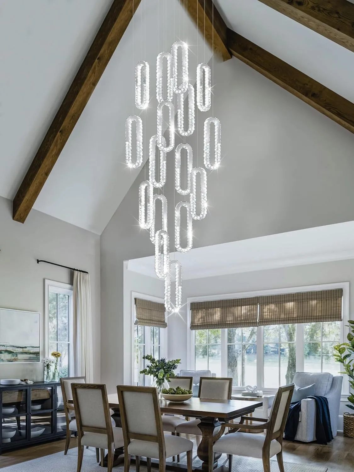 Large Staircase Crystal Chandeliers 16-Light Modern foyers Entrance 150" Long Chandeliers for High Ceilings Dimmable 2700K-6000K Stainless Steel Mirror Silver