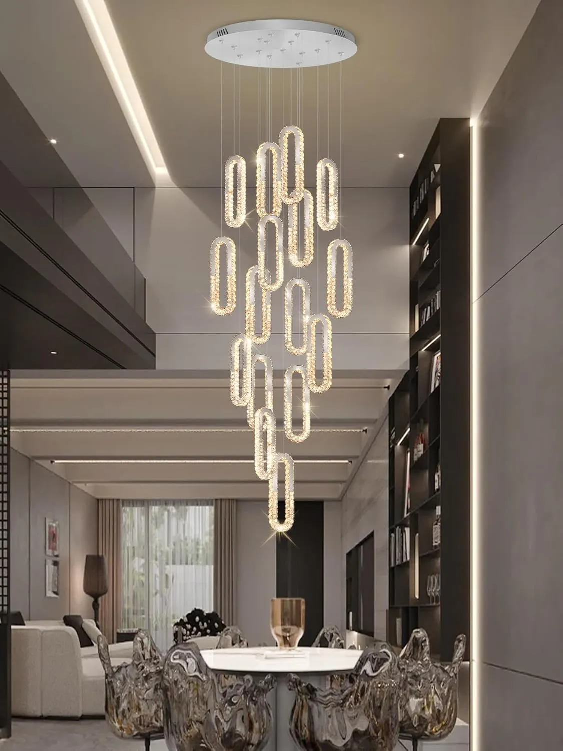 Large Staircase Crystal Chandeliers 16-Light Modern foyers Entrance 150" Long Chandeliers for High Ceilings Dimmable 2700K-6000K Stainless Steel Mirror Silver