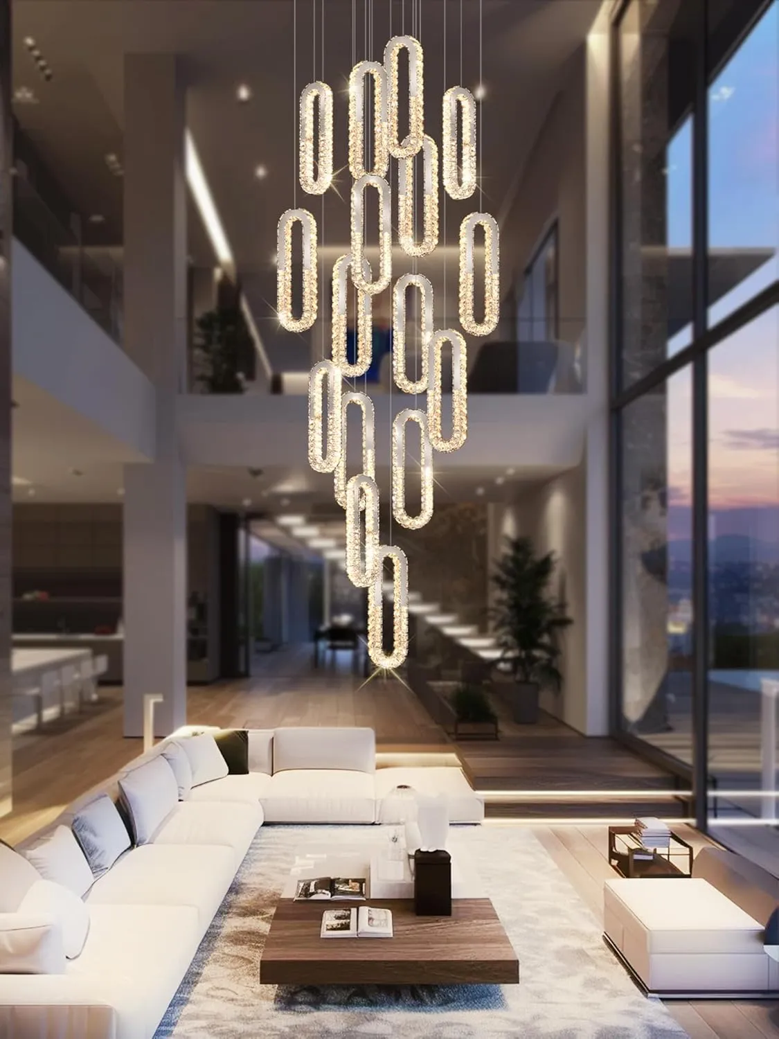 Large Staircase Crystal Chandeliers 16-Light Modern foyers Entrance 150" Long Chandeliers for High Ceilings Dimmable 2700K-6000K Stainless Steel Mirror Silver