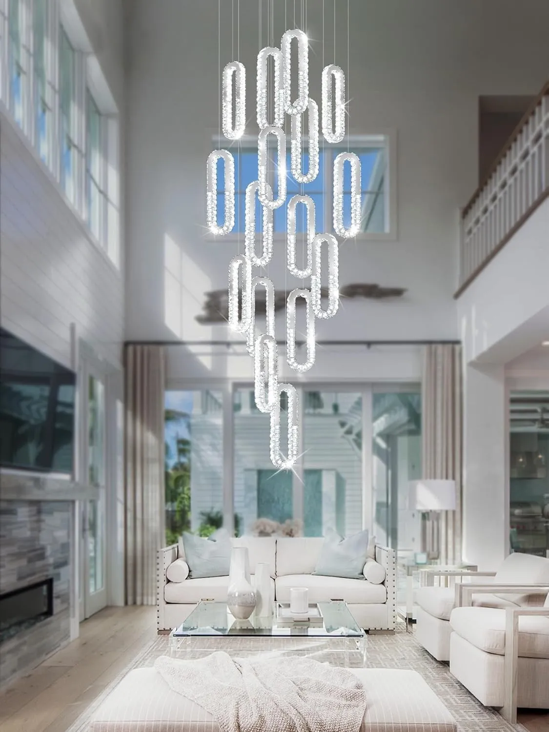 Large Staircase Crystal Chandeliers 16-Light Modern foyers Entrance 150" Long Chandeliers for High Ceilings Dimmable 2700K-6000K Stainless Steel Mirror Silver