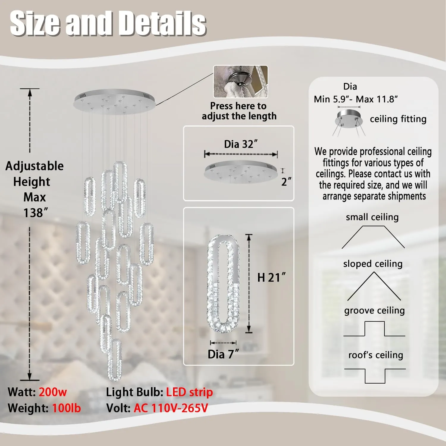 Large Staircase Crystal Chandeliers 16-Light Modern foyers Entrance 150" Long Chandeliers for High Ceilings Dimmable 2700K-6000K Stainless Steel Mirror Silver