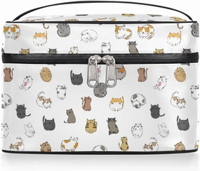 Large Makeup Bag Travel Cosmetic Bags for Women White Cute Colorful Animal Cat Makeup Organizer Case Toiletry Bag for Girls Traveling Wide Open Portable Pouch with Handle