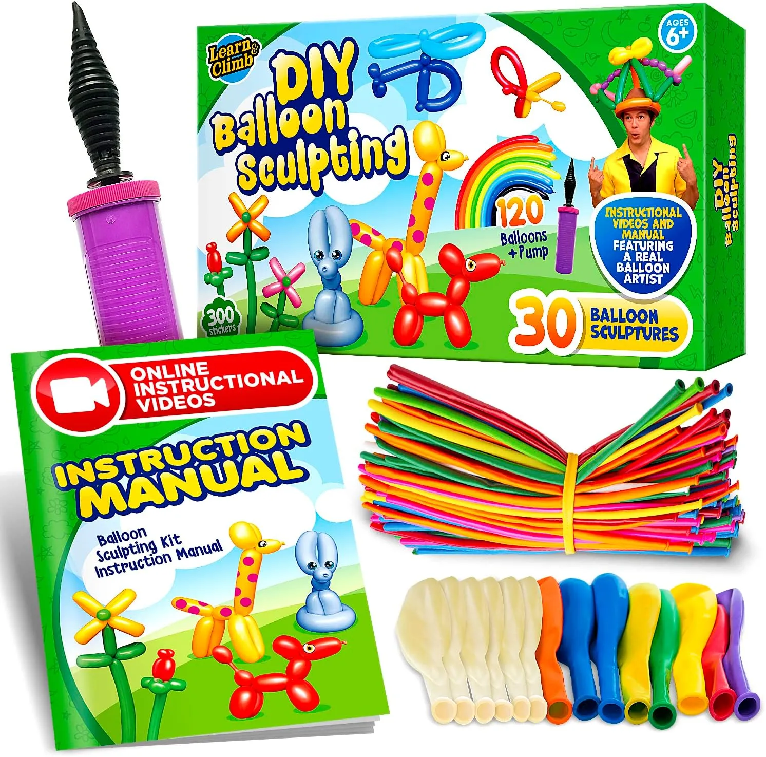 Learn & Climb DIY Balloon Animal Kit for Beginners. Fun Twisting & Modeling Activity for Party. Makes 30  Sculptures, Pump and Manual Included. Gift for, Teens Boys and Girls. 120 Pieces.