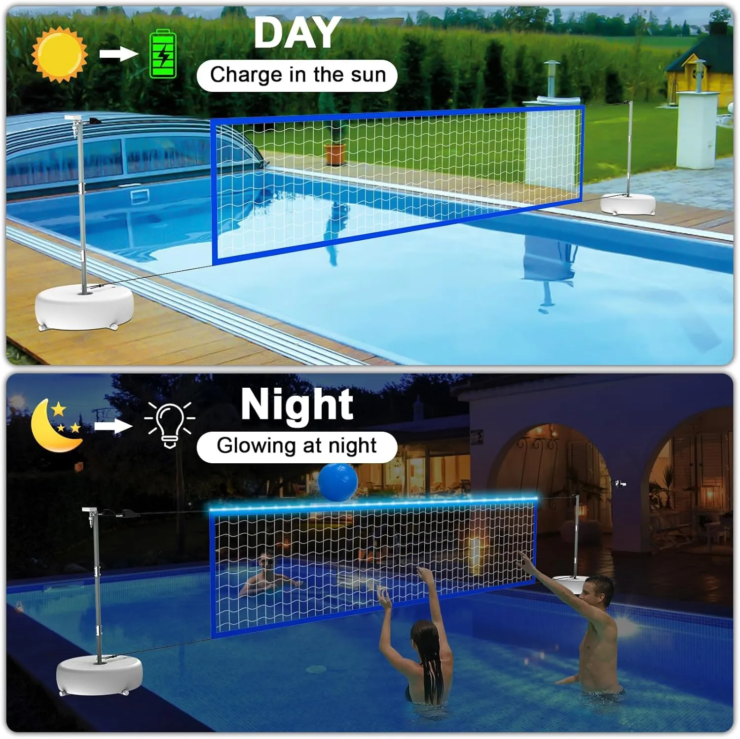 LED Pool Volleyball Net Set with Solar Powered Lights|15ft-32ft Adjustable Volleyball Net for Inground Pool, Kids Adults Water Volleyball Net Game Toy with 2 Ball & Pump for Pool Backyard Party