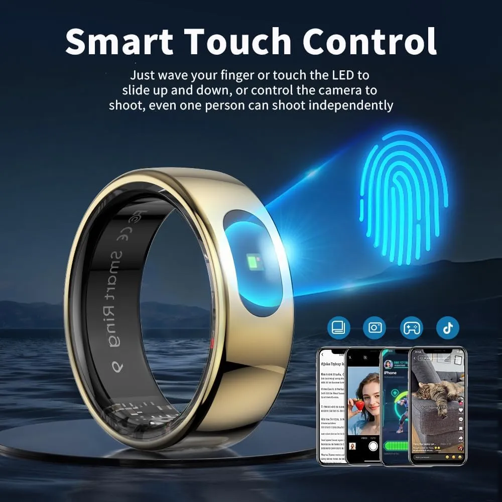 LED Touch Smart Ring for Women Men- Fitness Tracker with Heart Rate, Blood Oxygen, Sleep Tracker, Step Counter, 5ATM Waterproof, Touch Control Music/Video, No Subscription Fee for iOS/Android