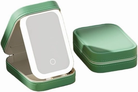 Led Three-Color Adjustable Makeup Mirror, Integrated Makeup Storage Box with Light-Filling Mirror, Leather and Compact Portable, Led Mirror Makeup,Green