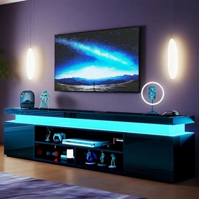 LED TV Stand for 80 Inch TV, High Gloss Gaming Entertainment Center with Storage, Modern Media Console with Power Outlets for Living Room, 72.8 Inch, Black