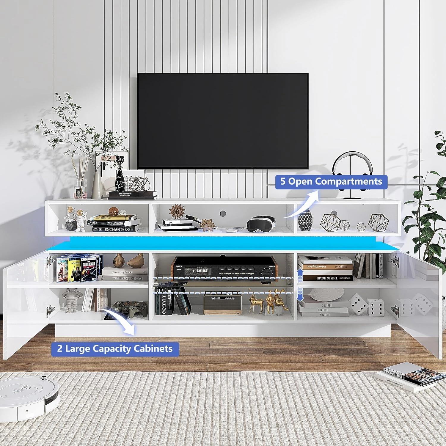 LED TV Stand for 80 Inch TV, Modern Tall Entertainment Center with Storage, High Gloss Gaming TV Media Console with Glass Shelf for Living Room, 70 Inch, White