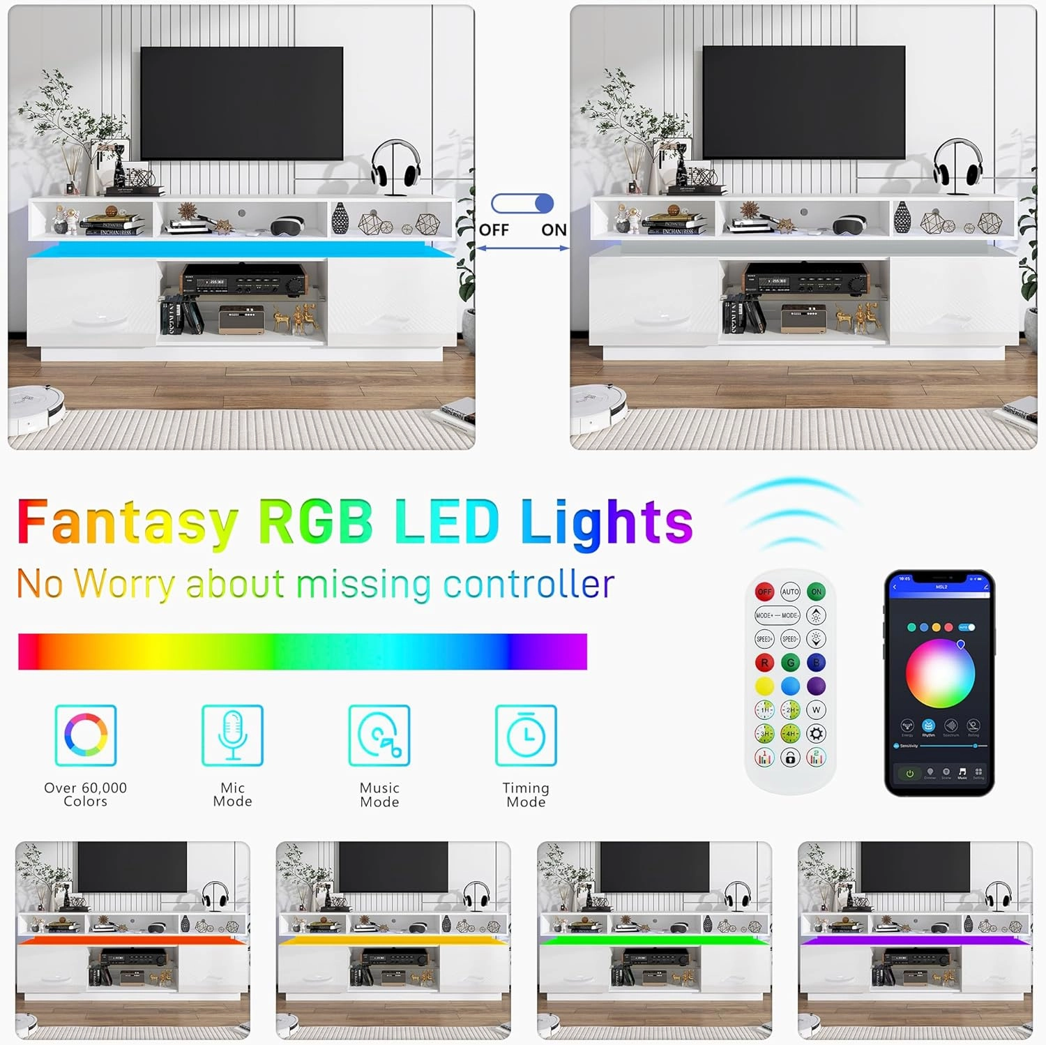 LED TV Stand for 80 Inch TV, Modern Tall Entertainment Center with Storage, High Gloss Gaming TV Media Console with Glass Shelf for Living Room, 70 Inch, White