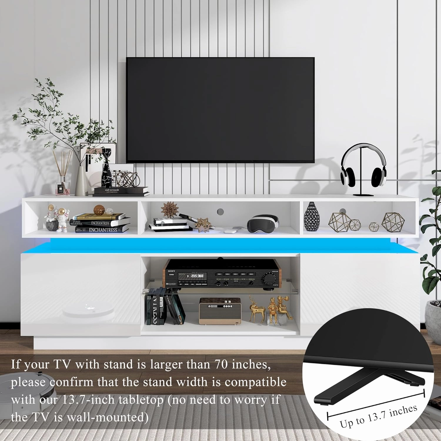LED TV Stand for 80 Inch TV, Modern Tall Entertainment Center with Storage, High Gloss Gaming TV Media Console with Glass Shelf for Living Room, 70 Inch, White