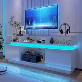 LED TV Stand for 80 Inch TV, Modern Tall Entertainment Center with Storage, High Gloss Gaming TV Media Console with Glass Shelf for Living Room, 70 Inch, White