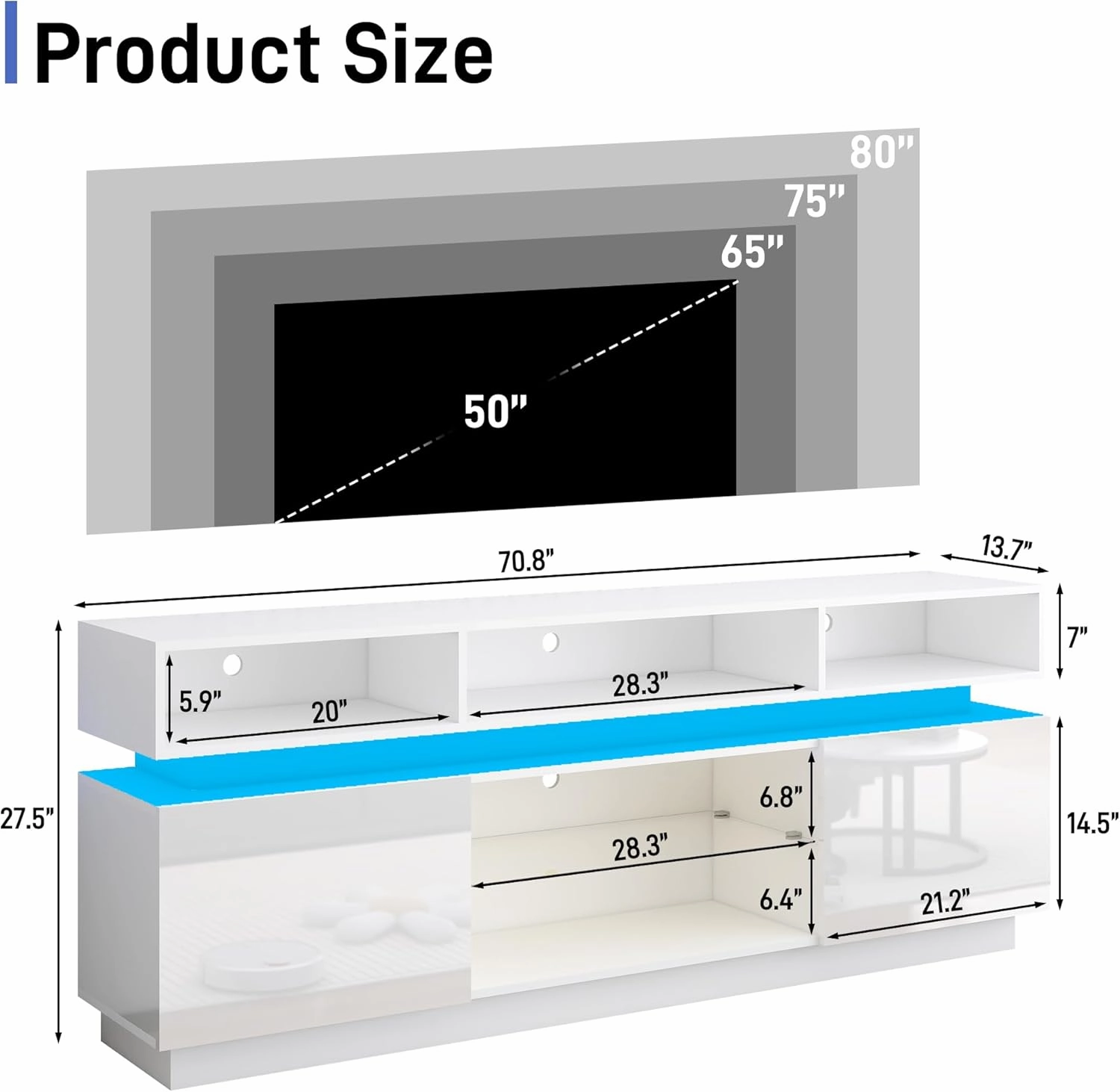 LED TV Stand for 80 Inch TV, Modern Tall Entertainment Center with Storage, High Gloss Gaming TV Media Console with Glass Shelf for Living Room, 70 Inch, White