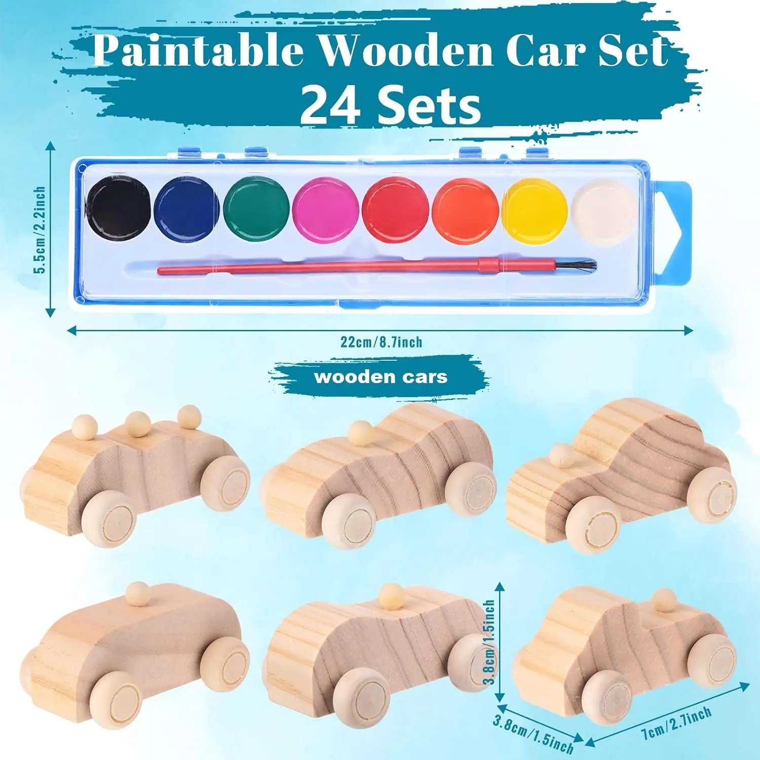 Leitee 24 Sets Unfinished Wooden Cars to Paint DIY Toys with Watercolor Paint Wooden Toy Cars Crafts for Wooden Car Party Favors Valentine‘s Day School Family Arts Crafts Party Favors