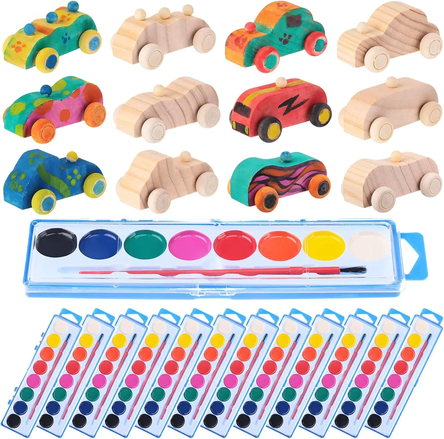 Leitee 24 Sets Unfinished Wooden Cars to Paint DIY Toys with Watercolor Paint Wooden Toy Cars Crafts for Wooden Car Party Favors Valentine‘s Day School Family Arts Crafts Party Favors
