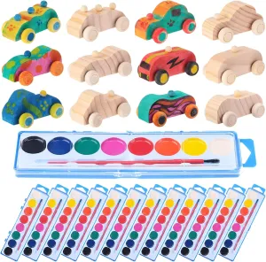Leitee 24 Sets Unfinished Wooden Cars to Paint DIY Toys with Watercolor Paint Wooden Toy Cars Crafts for Wooden Car Party Favors Valentine‘s Day School Family Arts Crafts Party Favors
