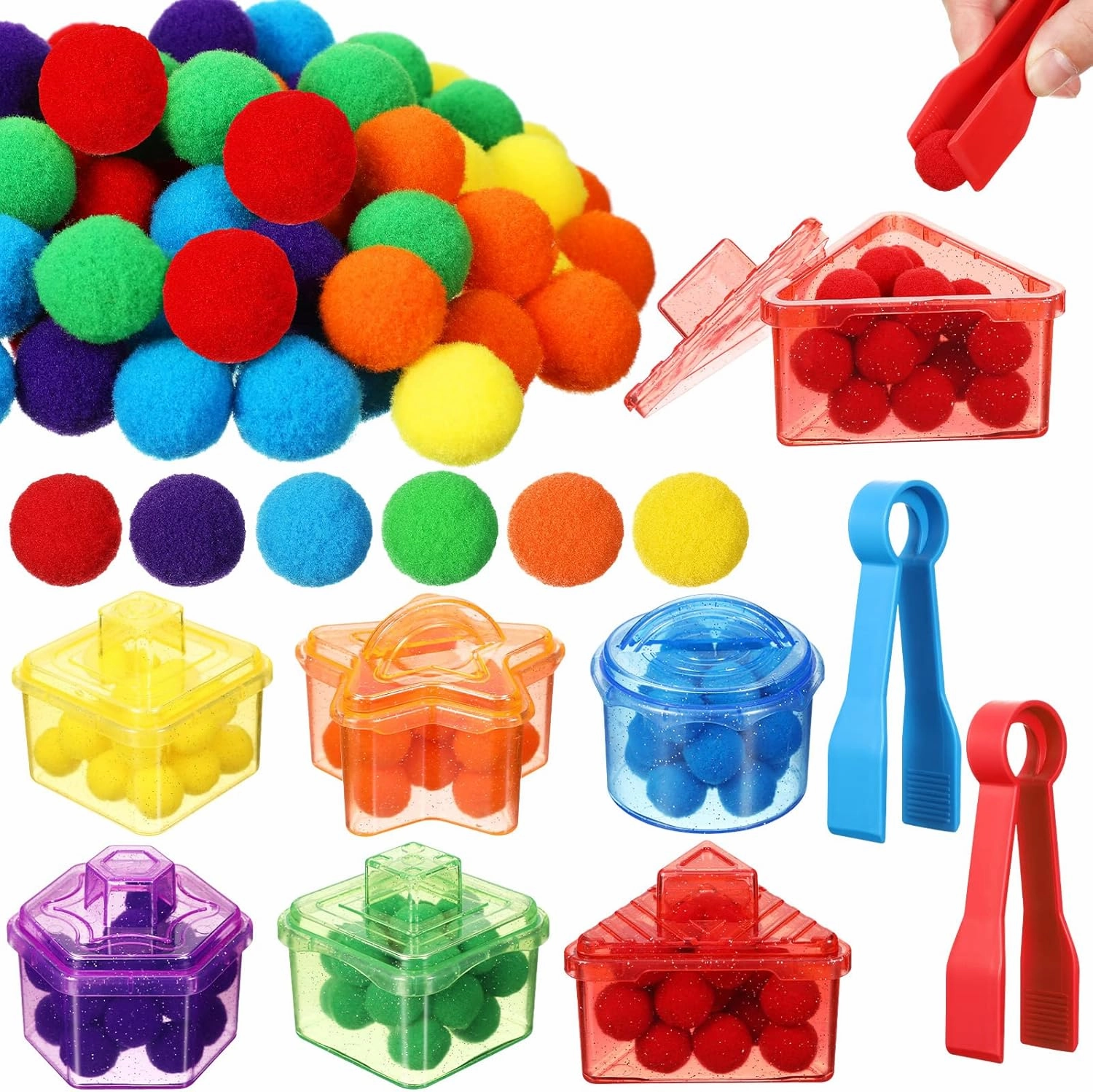 Lenwen 128 Pcs Fine Motor Skills Toys Sensory Bin Filler Include 120 Pom Pom Balls 6 Sorting Containers 2 Tweezers, Sorting Toys Fine Motor Games Preschool Learning Activities Early Education Counting