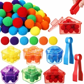 Lenwen 128 Pcs Fine Motor Skills Toys Sensory Bin Filler Include 120 Pom Pom Balls 6 Sorting Containers 2 Tweezers, Sorting Toys Fine Motor Games Preschool Learning Activities Early Education Counting