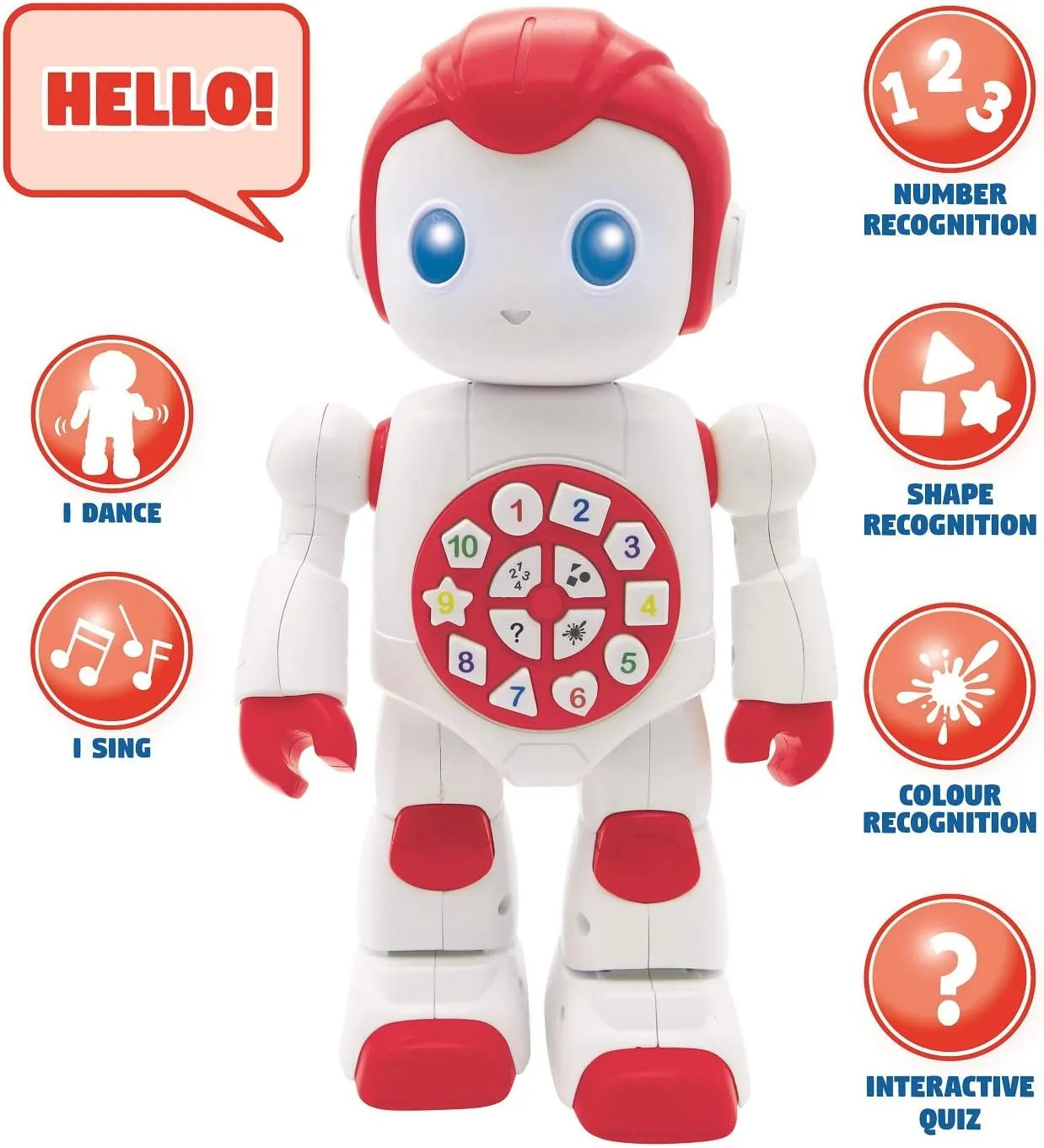 Lexibook Powerman Baby Smart Interactive Toy Learning Robot Toy for Kids Dancing Plays Music Quiz Numbers Shapes Colors Boy Girl Robot Junior Red/White - ROB15EN_09, White Red, 8.66 Inch