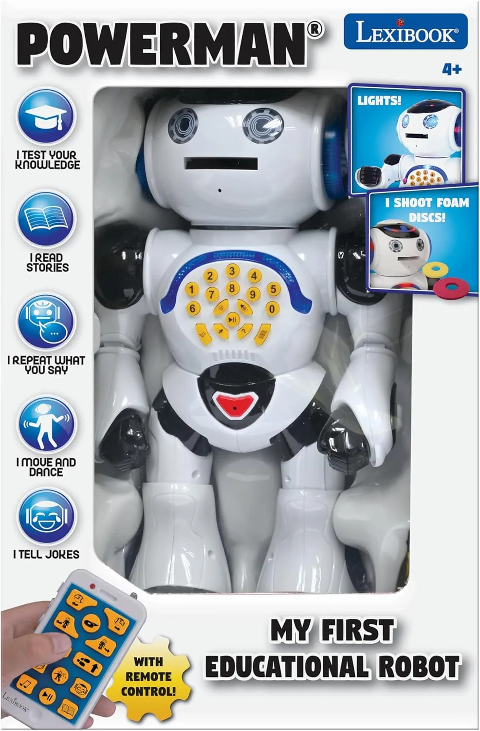 Lexibook Powerman - Remote Control Walking Talking Toy Robot, Dances, Sings, Reads Stories, Math Quiz, Shooting Discs, and Voice Mimicking, for kids 4  - ROB50EN