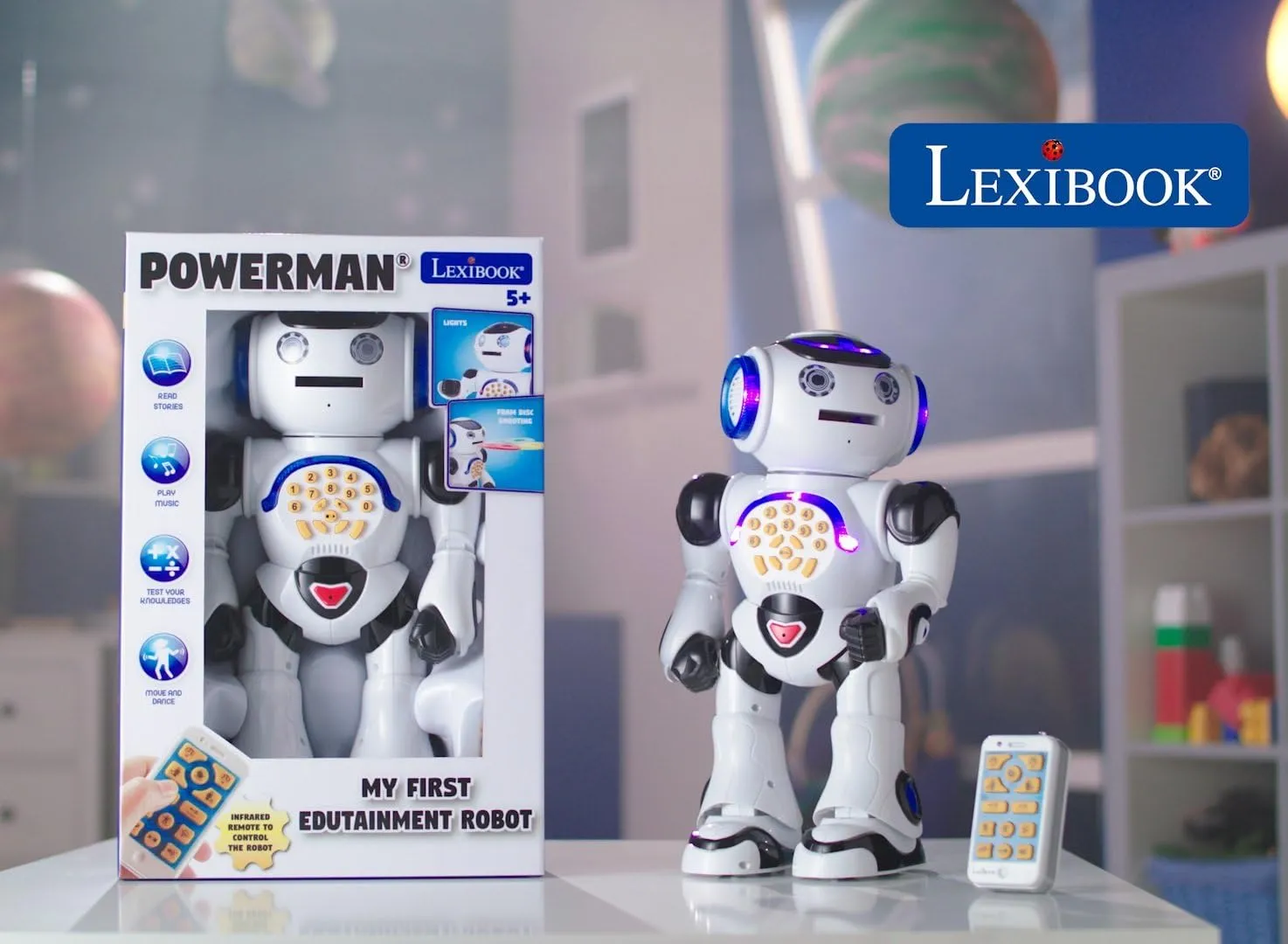 Lexibook Powerman - Remote Control Walking Talking Toy Robot, Dances, Sings, Reads Stories, Math Quiz, Shooting Discs, and Voice Mimicking, for kids 4  - ROB50EN