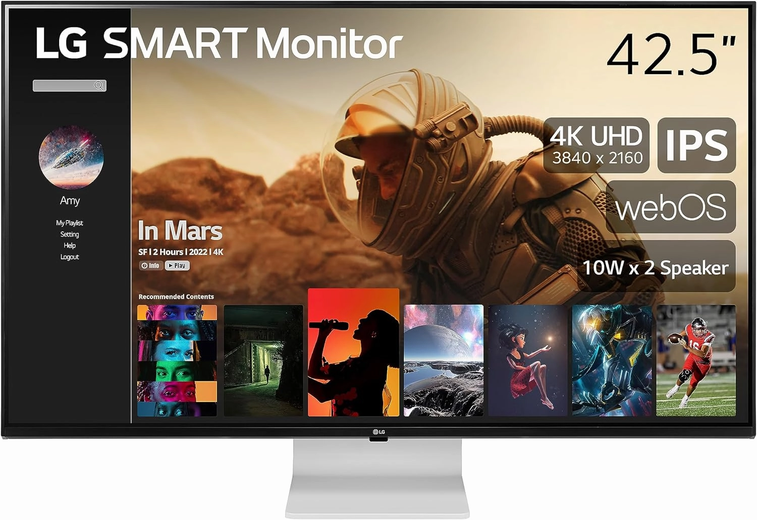LG Smart Monitor (43SQ700S) -43-Inch 4K UHD(3840x2160) IPS Display, webOS Smart Monitor, ThinQ Home, Magic Remote, USB Type-C, 2X Stereo Speakers, AirPlay 2, Screen Share, Bluetooth,White