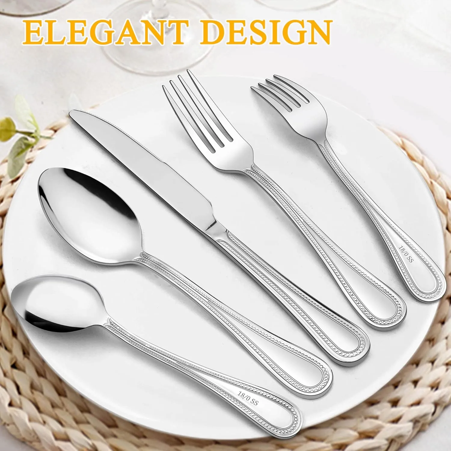 LIANYU 60-Piece Silverware Flatware Set for 12, Stainless Steel Cutlery Tableware with Pearled Edge, Fancy Eating Utensils for Kitchen Restaurant Party, Include Forks Knives Spoons, Dishwasher Safe