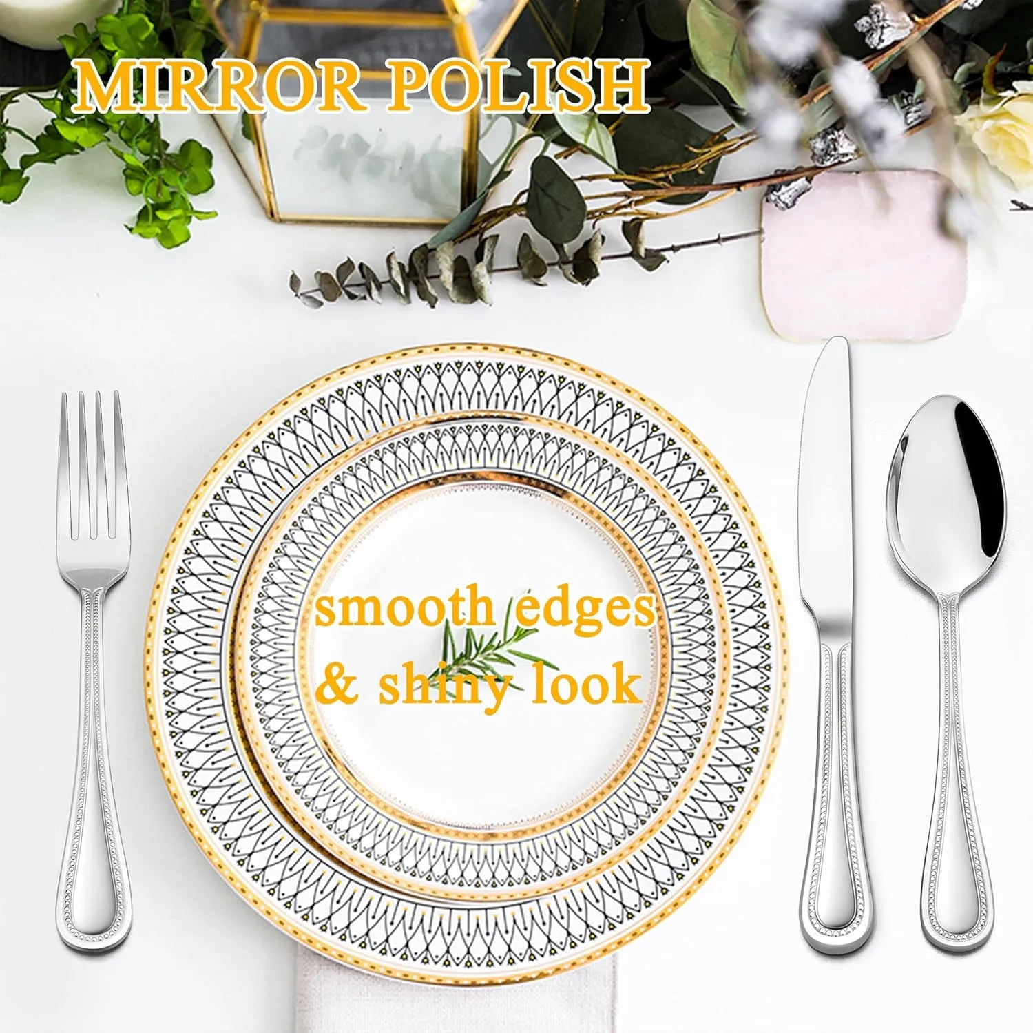 LIANYU 60-Piece Silverware Flatware Set for 12, Stainless Steel Cutlery Tableware with Pearled Edge, Fancy Eating Utensils for Kitchen Restaurant Party, Include Forks Knives Spoons, Dishwasher Safe
