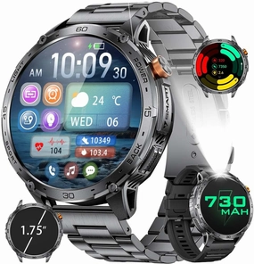 LIGE Smart Watch for Men, 1.75'' AMOLED Large Screen Smartwatch, LED Flashlight/5ATM Waterproof/730mAh/100  Sports Fitness Tracker Watch, Pedometer Mens Smart Watch for Android iPhone Compatible