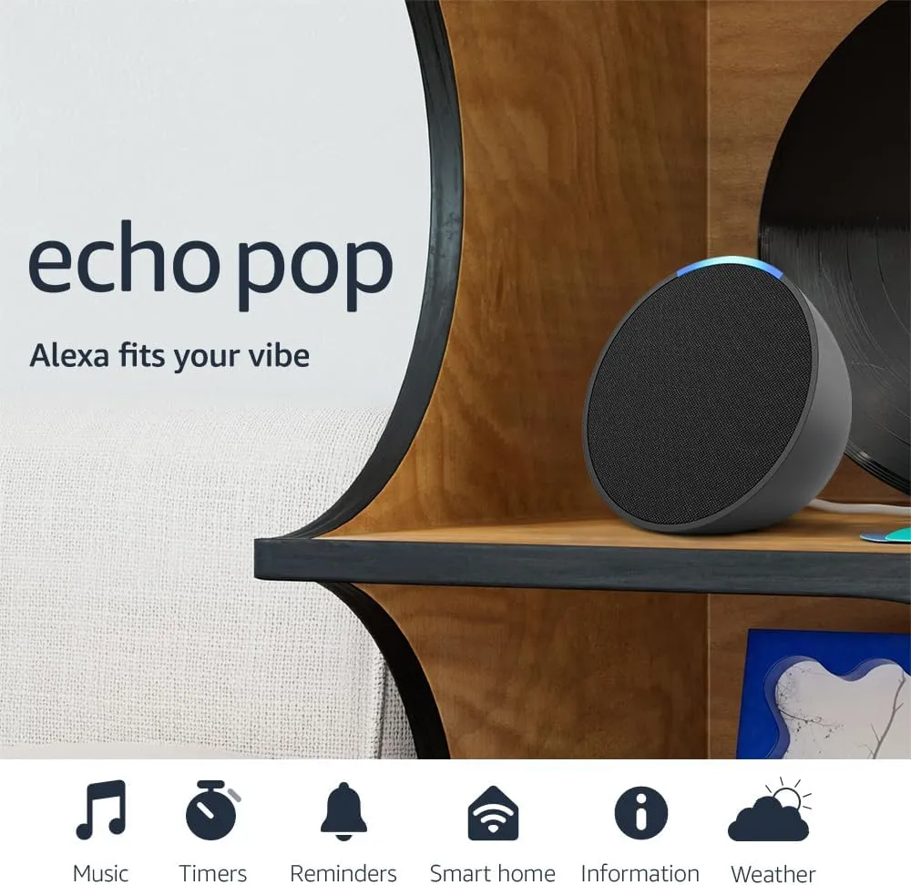 Like-New Amazon Echo Pop (newest model), Our smallest Alexa speaker, Fits in any room, Charcoal
