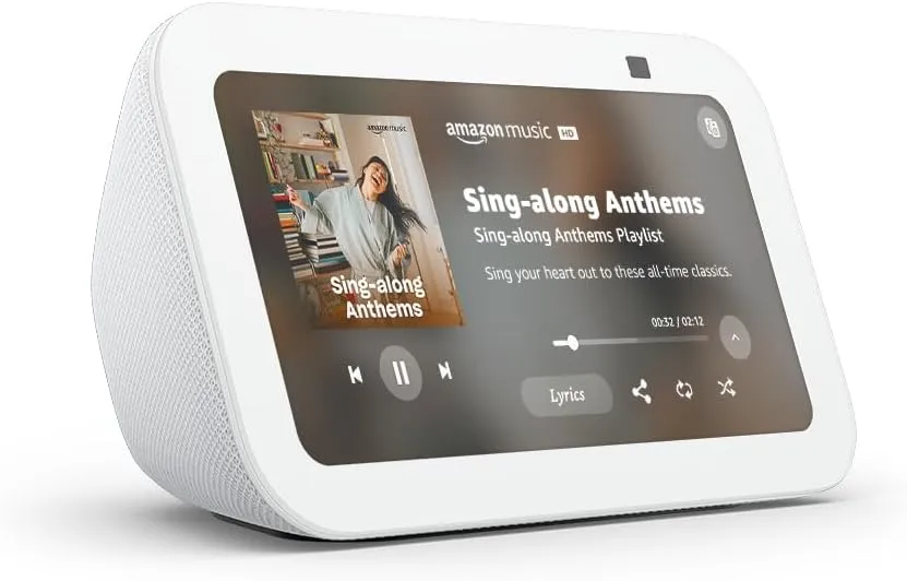 Like-New Amazon Echo Show 5 (newest model), Smart display with 2x the bass and clearer sound, Glacier White