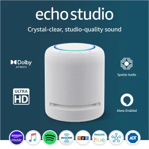 Like-New Amazon Echo Studio (newest model), Our best-sounding Alexa speaker, Perfect for living rooms, family rooms, and other large spaces, Glacier White