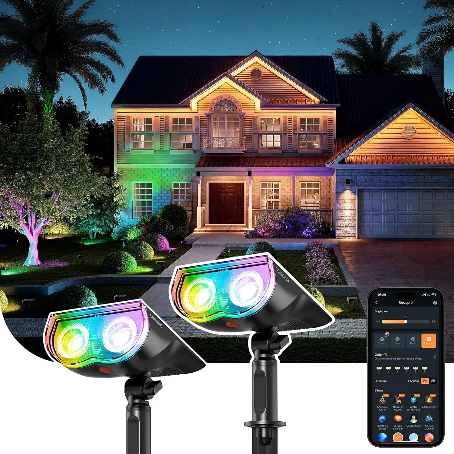 Linkind Smart Solar Lights Outdoor SL5C, Solar Spotlight Color Changing APP/Voice Control Landscape Lighting, IP67 Spot Lights Outdoor Waterproof for Yard, Garden, Pathway(2 Pack)